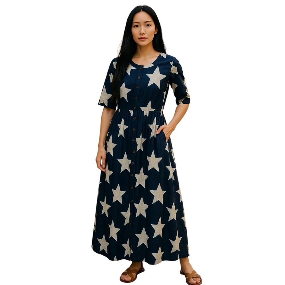 Utsa Cotton Midi Dress Star Pattern Tie Dye Fit Flare Short Sleeves Pockets XS
